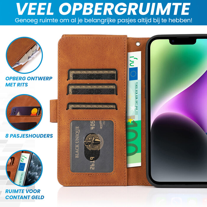 JVS Products iPhone 15 Plus hoesje -  Bookcase -  Pasjeshouder -  Portemonnee -  Rits -  Kunstleer -  Bruin