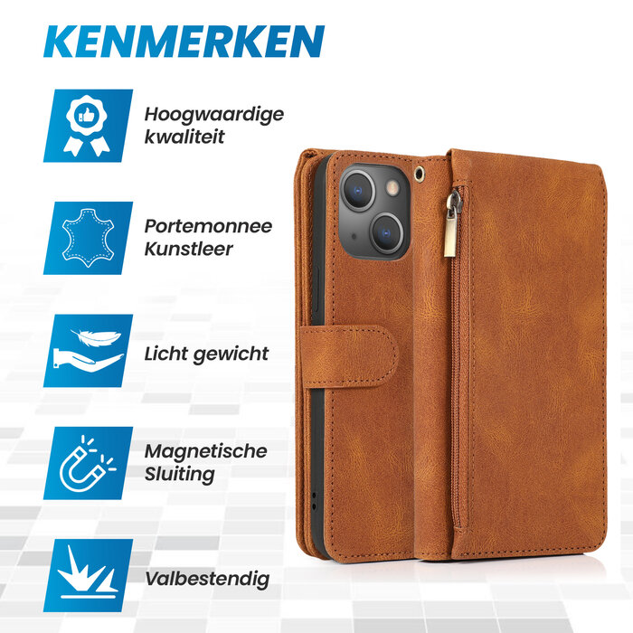 JVS Products iPhone 15 Plus hoesje -  Bookcase -  Pasjeshouder -  Portemonnee -  Rits -  Kunstleer -  Bruin