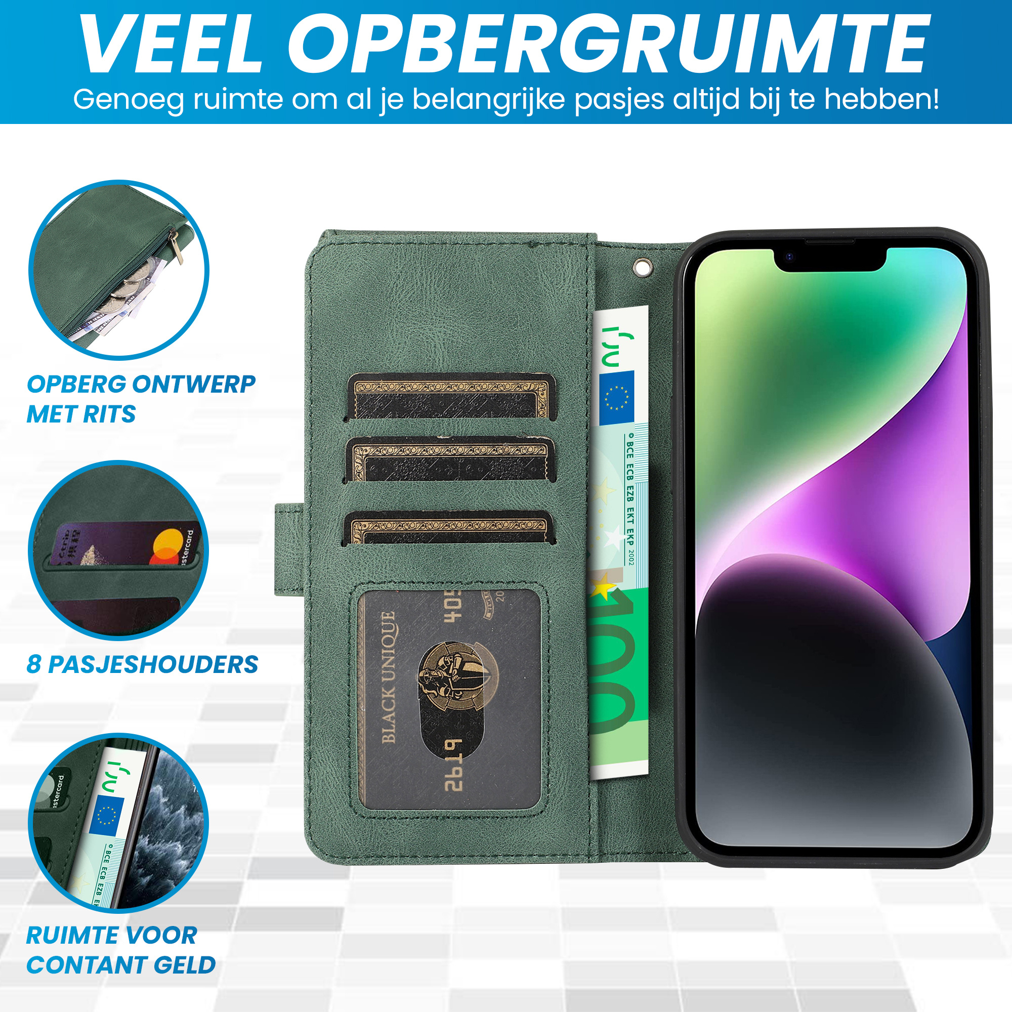 JVS Products Samsung Galaxy S22 hoesje - Bookcase - Pasjeshouder - Portemonnee - Rits - Kunstleer - Groen