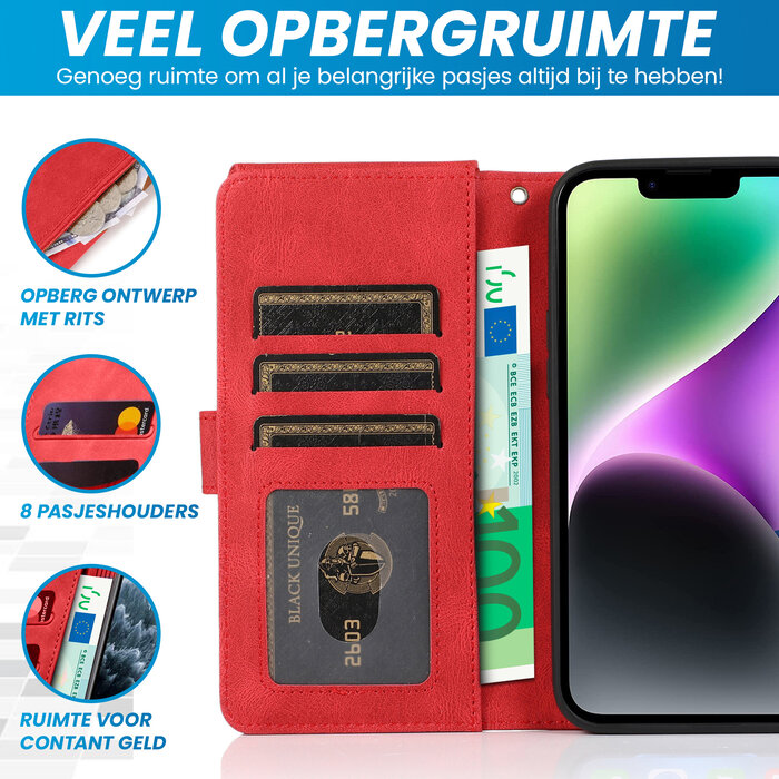 JVS Products Samsung Galaxy S24 Ultra hoesje - Bookcase - Pasjeshouder - Portemonnee - Rits - Kunstleer - Rood