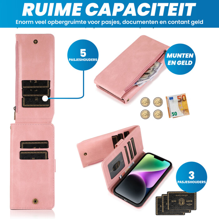 JVS Products iPhone 14 hoesje - Bookcase - Pasjeshouder - Portemonnee - Rits - Kunstleer - Rose Goud