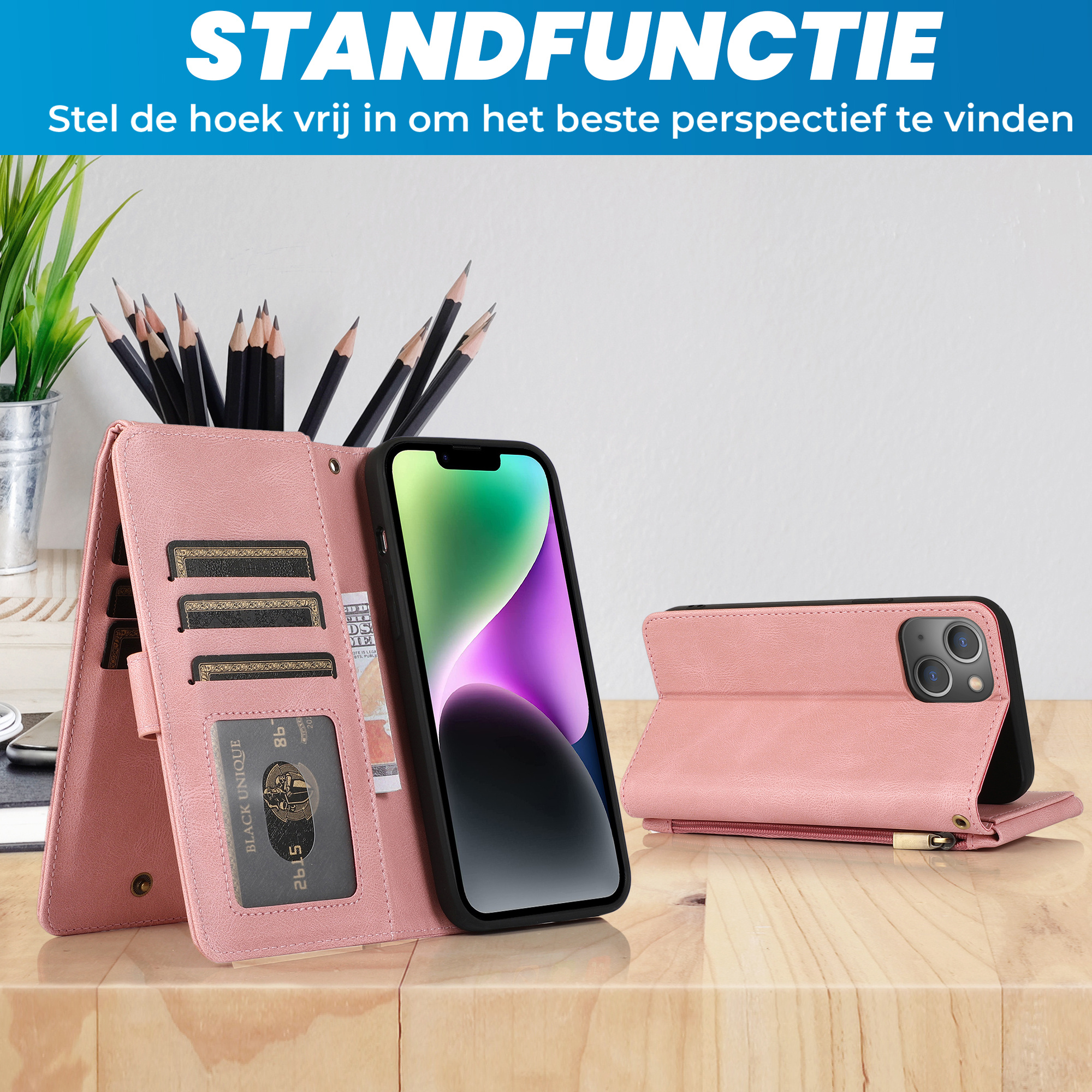 JVS Products Samsung Galaxy A51 hoesje - Bookcase - Pasjeshouder - Portemonnee - Rits - Kunstleer - Rose Goud