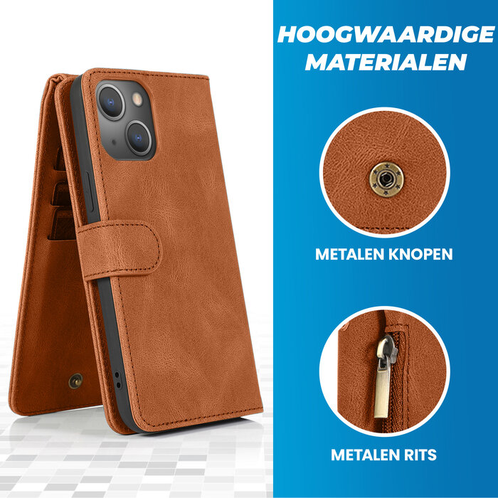JVS Products iPhone 14 Plus hoesje - Bookcase - Pasjeshouder - Portemonnee - Rits - Kunstleer - Bruin
