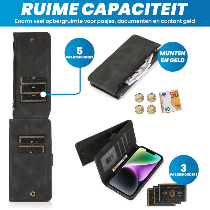 JVS Products iPhone 15 Pro hoesje -  Bookcase -  Pasjeshouder -  Portemonnee -  Rits -  Kunstleer -  Zwart