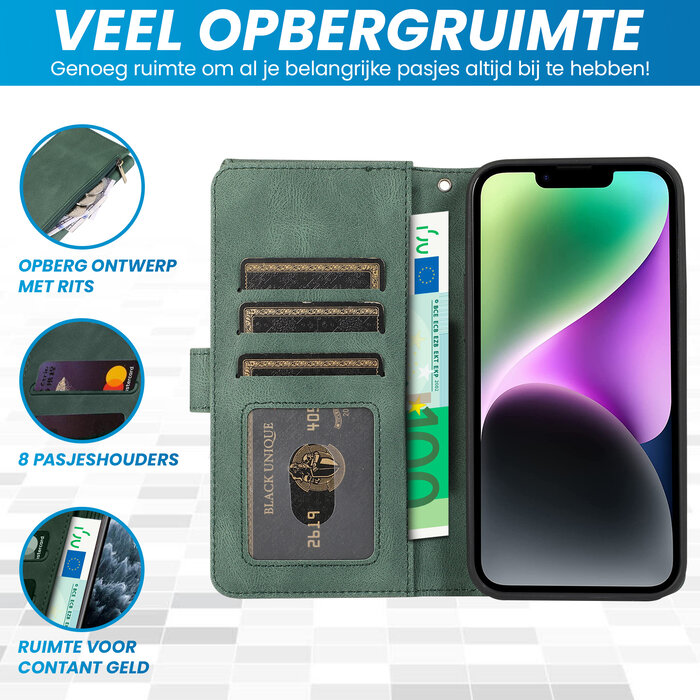 JVS Products iPhone X hoesje - Bookcase - Pasjeshouder - Portemonnee - Rits - Kunstleer - Groen
