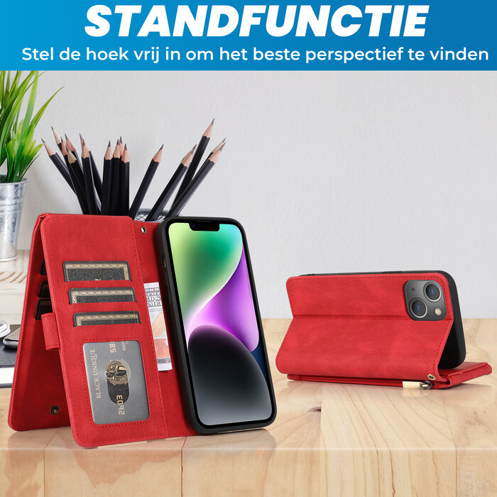 JVS Products iPhone 15 Pro Max hoesje -  Bookcase -  Pasjeshouder -  Portemonnee -  Rits -  Kunstleer -  Rood