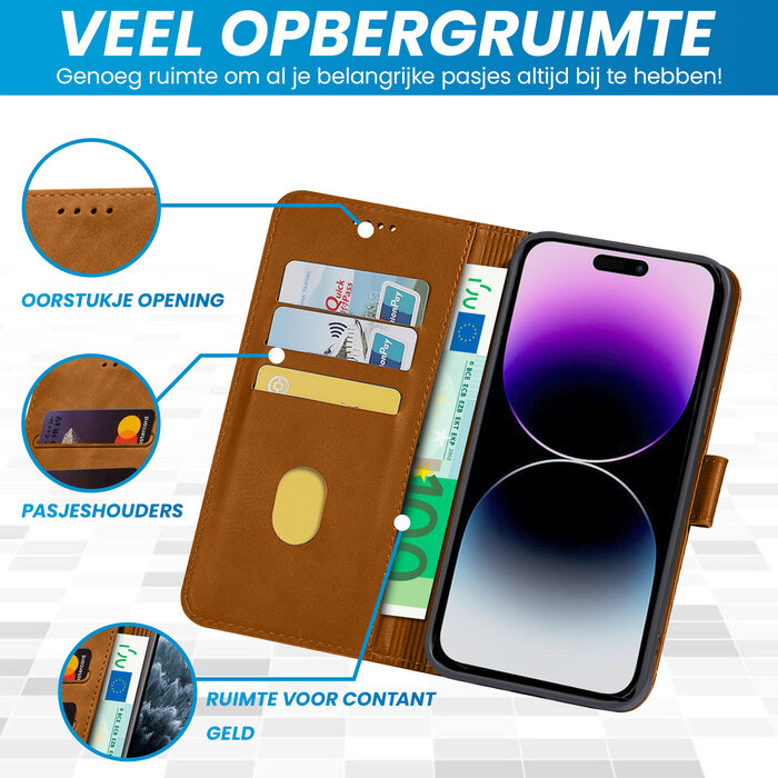 JVS Products iPhone 15 Plus hoesje -  Bookcase -  Pasjeshouder -  Portemonnee -  Kunstleer -  Lichtbruin
