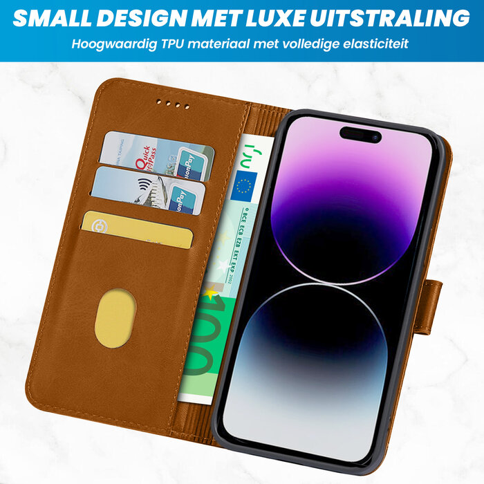 JVS Products iPhone 15 Plus hoesje -  Bookcase -  Pasjeshouder -  Portemonnee -  Kunstleer -  Lichtbruin