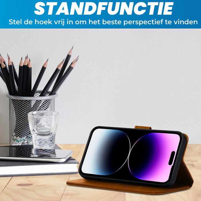JVS Products iPhone 15 Plus hoesje -  Bookcase -  Pasjeshouder -  Portemonnee -  Kunstleer -  Lichtbruin