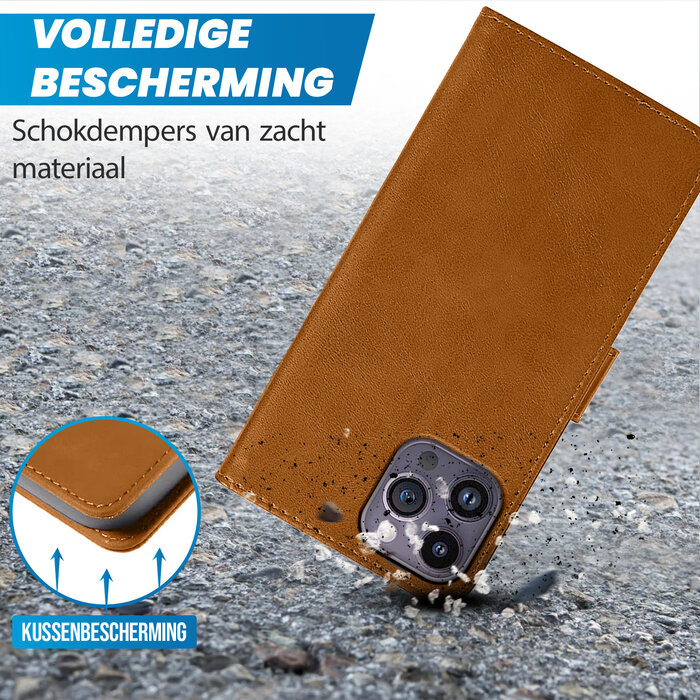 JVS Products iPhone 12 hoesje - Bookcase - Pasjeshouder - Portemonnee - Kunstleer - Lichtbruin