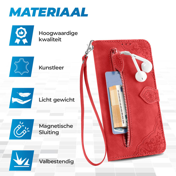 JVS Products Samsung Galaxy A55 hoesje - Bookcase - Koord - Pasjeshouder - Portemonnee - Bloemenpatroon - Kunstleer - Rood