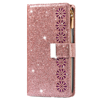 JVS Products iPhone 16 hoesje - Bookcase - Koord - Pasjeshouder - Portemonnee - Glitter - Bloemenpatroon - Kunstleer - Rose Goud