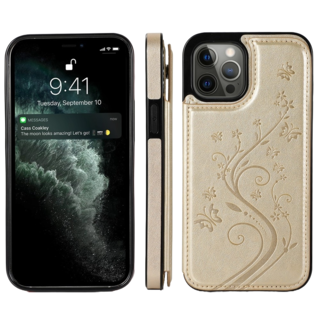 JVS Products iPhone 16 Plus hoesje - Backcover - Pasjeshouder - Portemonnee - Bloemenprint - Kunstleer - Goud