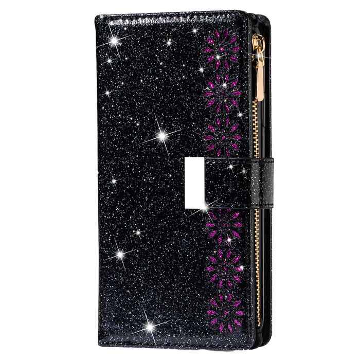 JVS Products iPhone 16 Plus hoesje - Bookcase - Koord - Pasjeshouder - Portemonnee - Glitter - Bloemenpatroon - Kunstleer - Zwart