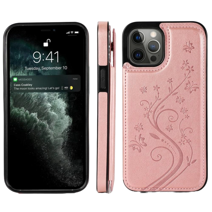 JVS Products iPhone 16 Pro hoesje - Backcover - Pasjeshouder - Portemonnee - Bloemenprint - Kunstleer - Rose Goud
