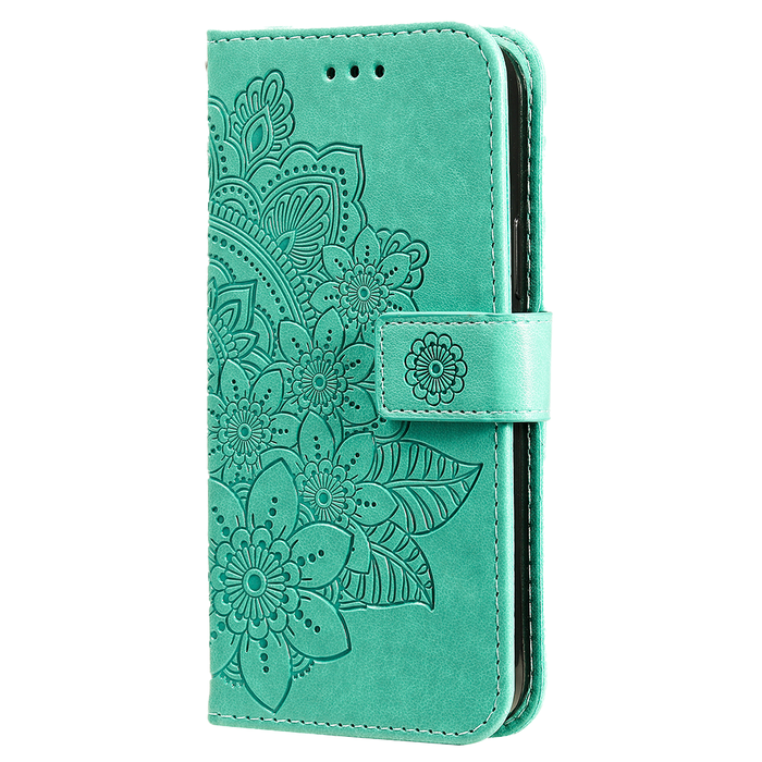 JVS Products iPhone 16 hoesje - Bookcase - Pasjeshouder - Portemonnee - Bloemenprint - Kunstleer - Turquoise