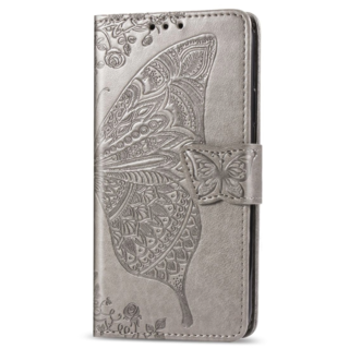 JVS Products iPhone 16 hoesje - Bookcase - Pasjeshouder - Portemonnee - Vlinderpatroon - Kunstleer - Grijs