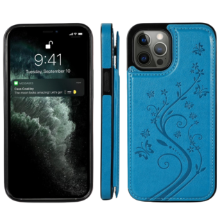 JVS Products iPhone 16 Plus hoesje - Backcover - Pasjeshouder - Portemonnee - Bloemenprint - Kunstleer - Blauw