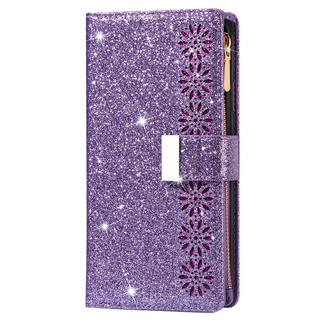 JVS Products iPhone 16 Pro Max hoesje - Bookcase - Koord - Pasjeshouder - Portemonnee - Glitter - Bloemenpatroon - Kunstleer - Paars
