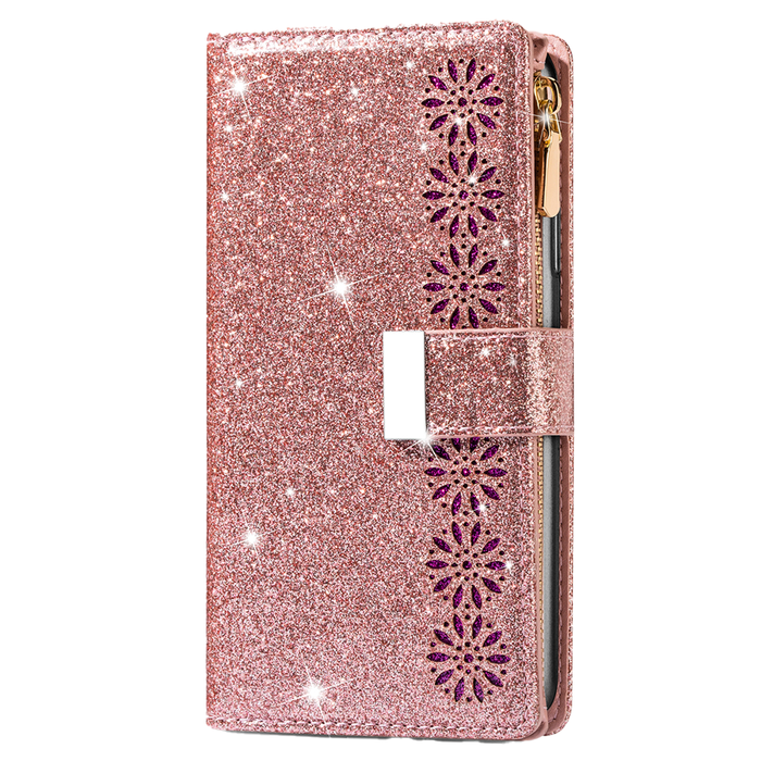 JVS Products iPhone 16 Pro Max hoesje - Bookcase - Koord - Pasjeshouder - Portemonnee - Glitter - Bloemenpatroon - Kunstleer - Rose Goud