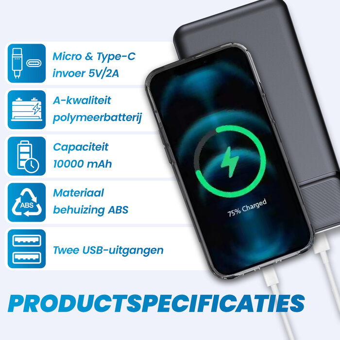 JVS Products Powerbank 10000 mAh - 2x USB A output, 1x USB C output & 1x Micro USB input - USB A naar USB C kabel meegeleverd - Powerbank klein - Powerbank lichtgewicht - Zwart