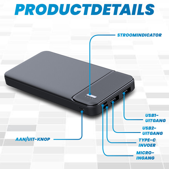 JVS Products Powerbank 10000 mAh - 2x USB A output, 1x USB C output & 1x Micro USB input - USB A naar USB C kabel meegeleverd - Powerbank klein - Powerbank lichtgewicht - Zwart