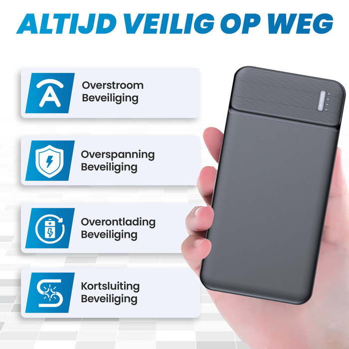 JVS Products Powerbank 10000 mAh - 2x USB A output, 1x USB C output & 1x Micro USB input - USB A naar USB C kabel meegeleverd - Powerbank klein - Powerbank lichtgewicht - Zwart