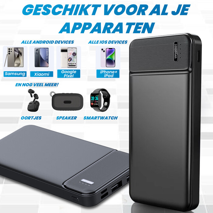 JVS Products Powerbank 10000 mAh - 2x USB A output, 1x USB C output & 1x Micro USB input - USB A naar USB C kabel meegeleverd - Powerbank klein - Powerbank lichtgewicht - Zwart