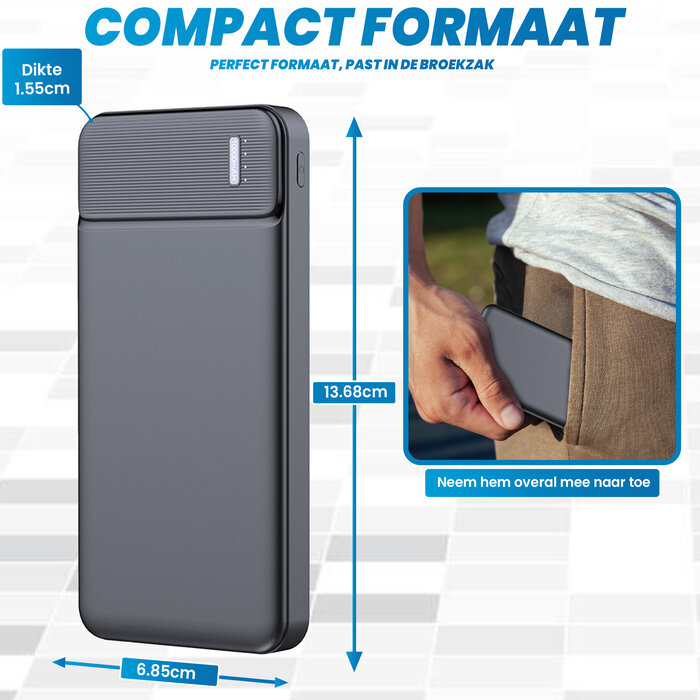 JVS Products Powerbank 10000 mAh - 2x USB A output, 1x USB C output & 1x Micro USB input - USB A naar USB C kabel meegeleverd - Powerbank klein - Powerbank lichtgewicht - Zwart
