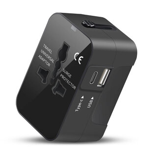 JVS Products Universele wereldstekker - Reisstekker - Internationale Reisadapter - USB-C en USB-A - 150+ Landen - Amerika (USA) - Zuid Amerika - Engeland (UK) - Azië - Europa - Afrika - Wereldstekker lichtgewicht - Zwart
