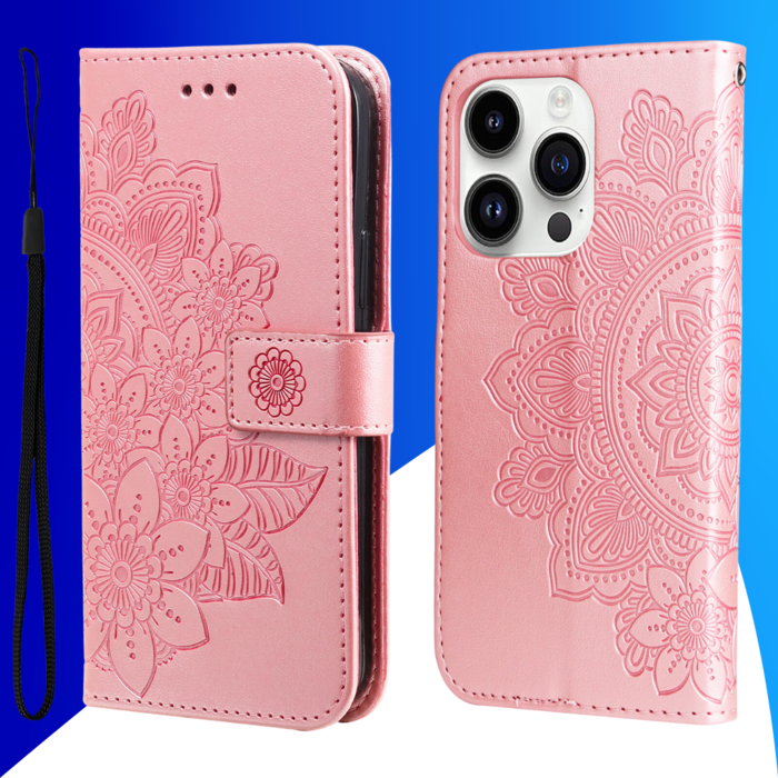 JVS Products iPhone 16 Pro Max hoesje - Bookcase - Pasjeshouder - Portemonnee - Bloemenprint - Kunstleer - Rose Goud