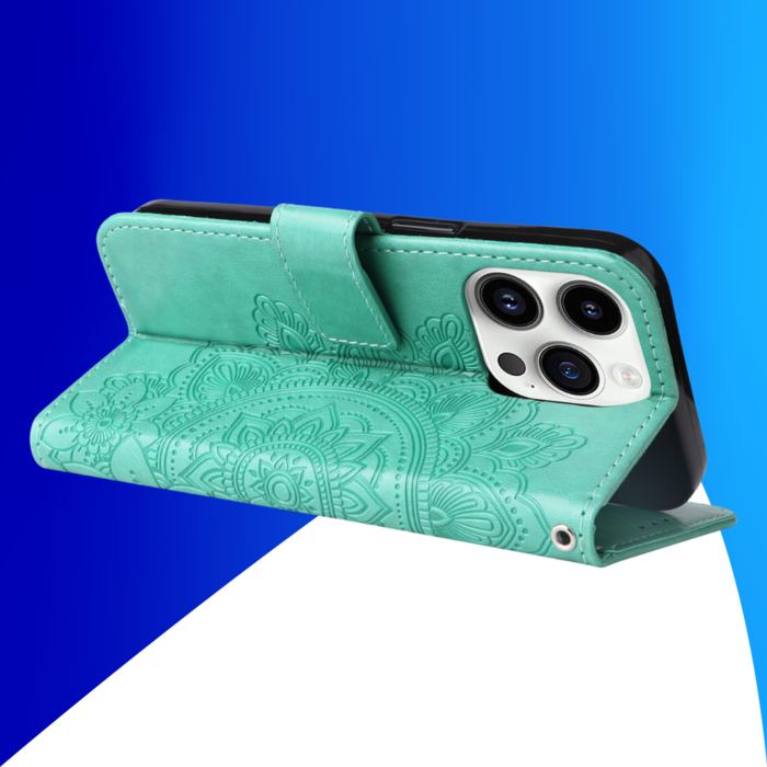 JVS Products iPhone 16 Pro Max hoesje - Bookcase - Pasjeshouder - Portemonnee - Bloemenprint - Kunstleer - Turquoise