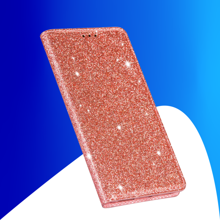 JVS Products iPhone 16 hoesje - Bookcase - Pasjeshouder - Portemonnee - Glitter - TPU - Rose Goud