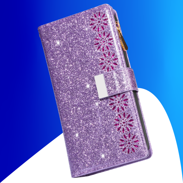 JVS Products iPhone 16 Plus hoesje - Bookcase - Koord - Pasjeshouder - Portemonnee - Glitter - Bloemenpatroon - Kunstleer - Paars