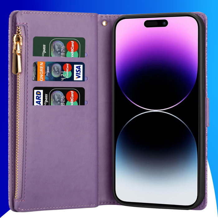 JVS Products iPhone 16 Plus hoesje - Bookcase - Koord - Pasjeshouder - Portemonnee - Glitter - Bloemenpatroon - Kunstleer - Paars