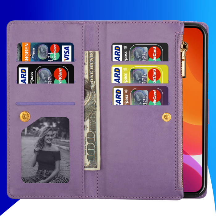 JVS Products iPhone 16 Plus hoesje - Bookcase - Koord - Pasjeshouder - Portemonnee - Glitter - Bloemenpatroon - Kunstleer - Paars