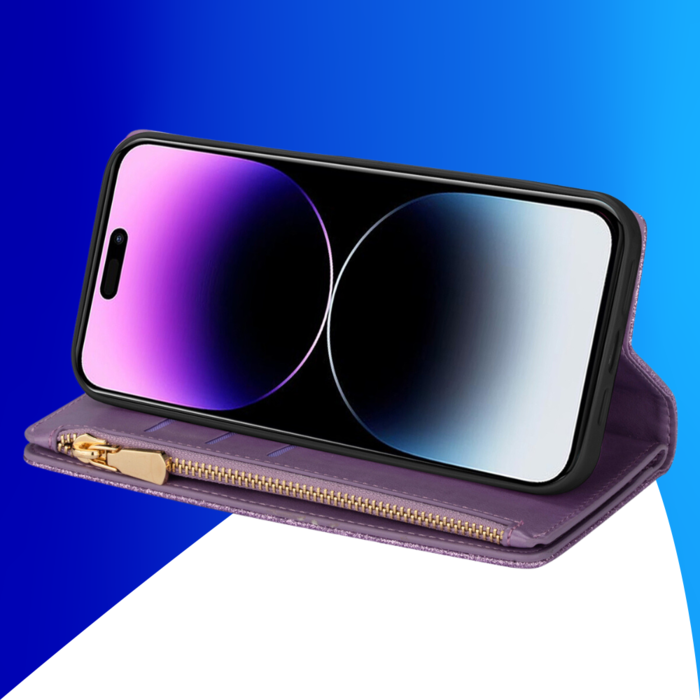 JVS Products iPhone 16 Plus hoesje - Bookcase - Koord - Pasjeshouder - Portemonnee - Glitter - Bloemenpatroon - Kunstleer - Paars