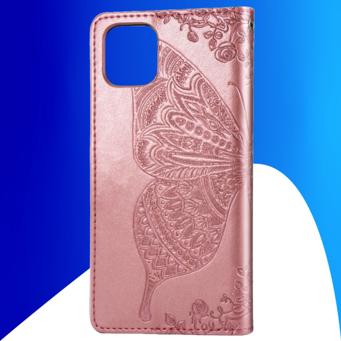 JVS Products iPhone 16 Pro Max hoesje - Bookcase - Pasjeshouder - Portemonnee - Vlinderpatroon - Kunstleer - Rose Goud