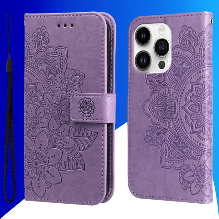 JVS Products iPhone 16 Pro Max hoesje - Bookcase - Pasjeshouder - Portemonnee - Bloemenprint - Kunstleer - Paars