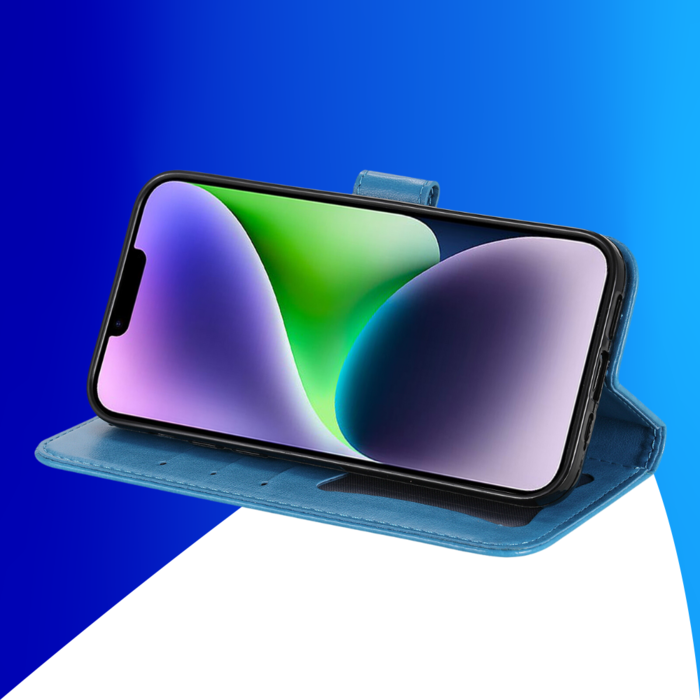 JVS Products iPhone 16 Pro hoesje - Bookcase - Pasjeshouder - Portemonnee - Bloemenprint - Kunstleer - Blauw