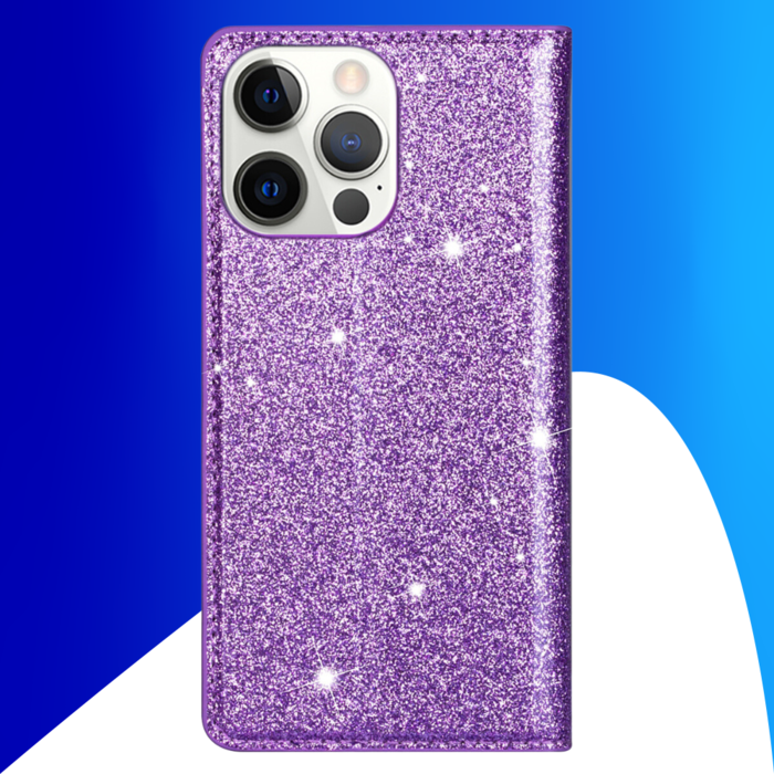 JVS Products iPhone 16 Pro hoesje - Bookcase - Pasjeshouder - Portemonnee - Glitter - TPU - Paars
