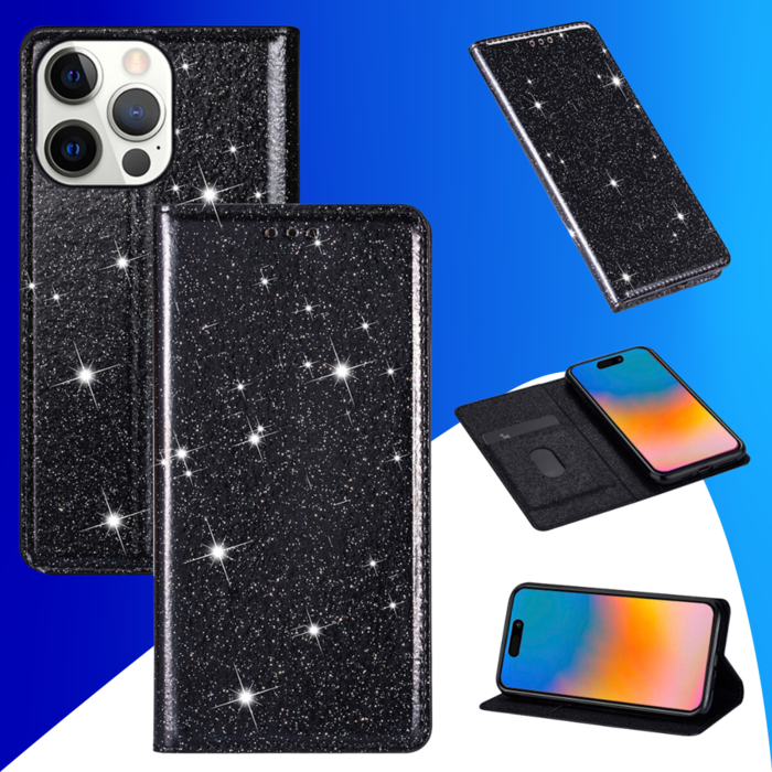 JVS Products iPhone 16 Pro hoesje - Bookcase - Pasjeshouder - Portemonnee - Glitter - TPU - Zwart