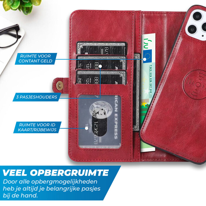 JVS Products iPhone 16 Pro hoesje - Bookcase - Afneembaar 2 in 1 - Backcover - Pasjeshouder - Portemonnee - Kunstleer - Rood