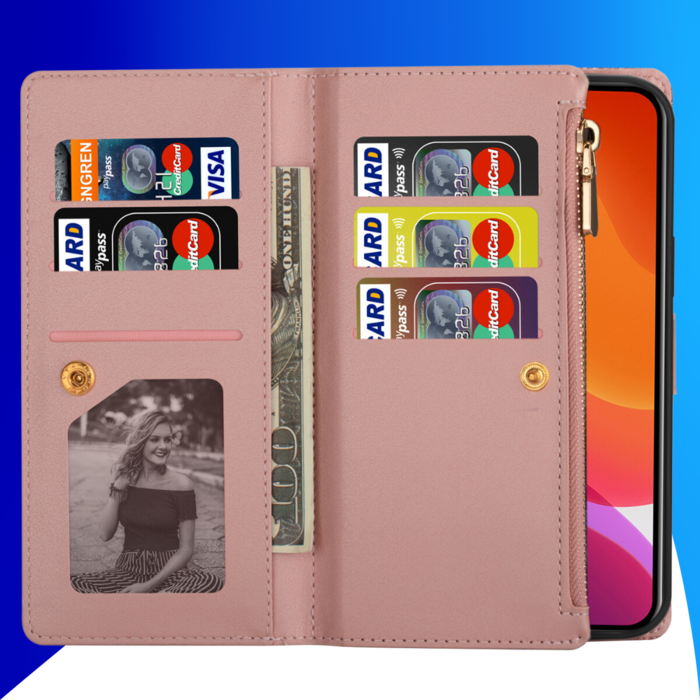 JVS Products iPhone 16 Pro Max hoesje - Bookcase - Koord - Pasjeshouder - Portemonnee - Glitter - Bloemenpatroon - Kunstleer - Rose Goud