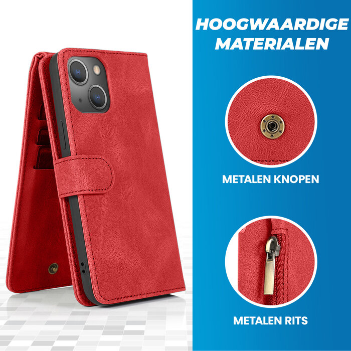 JVS Products iPhone 16 Pro hoesje - Bookcase - Pasjeshouder - Portemonnee - Rits - Kunstleer - Rood