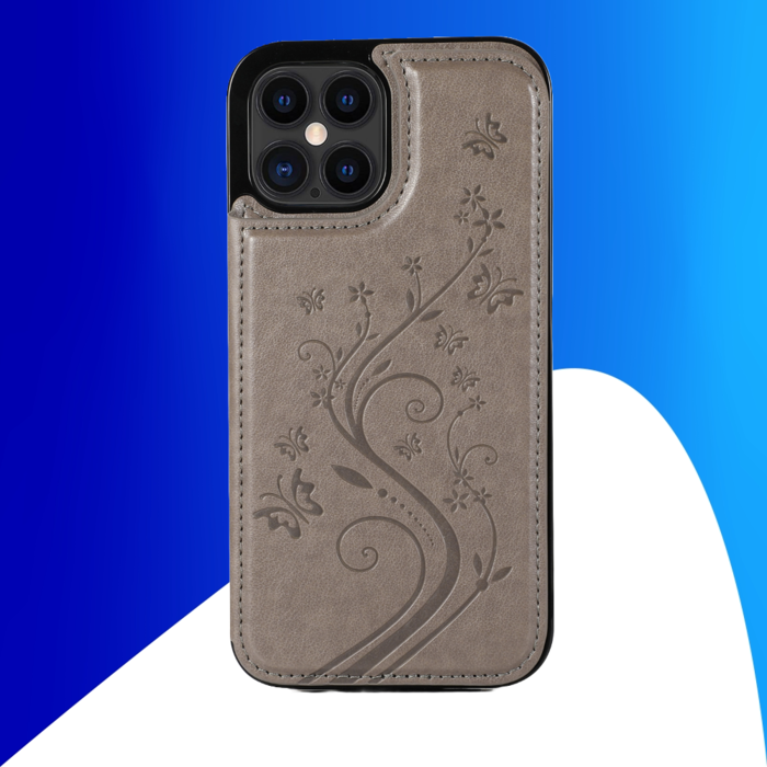 JVS Products iPhone 16 Pro hoesje - Backcover - Pasjeshouder - Portemonnee - Bloemenprint - Kunstleer - Grijs