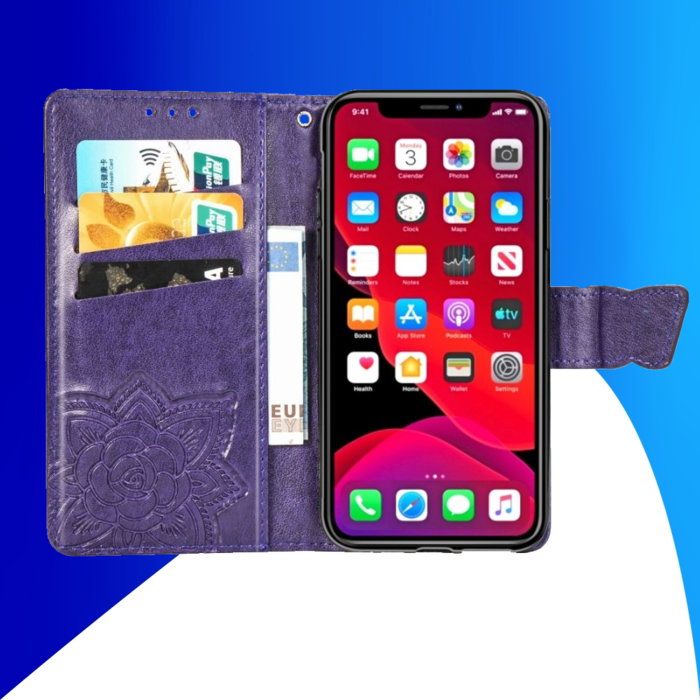 JVS Products iPhone 16 Plus hoesje - Bookcase - Pasjeshouder - Portemonnee - Vlinderpatroon - Kunstleer - Donkerpaars