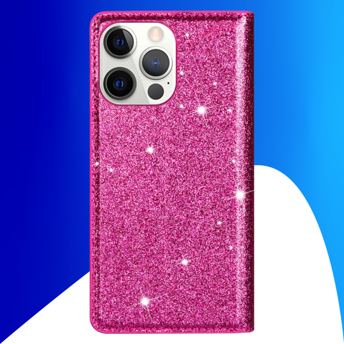 JVS Products iPhone 16 Pro hoesje - Bookcase - Pasjeshouder - Portemonnee - Glitter - TPU - Roze