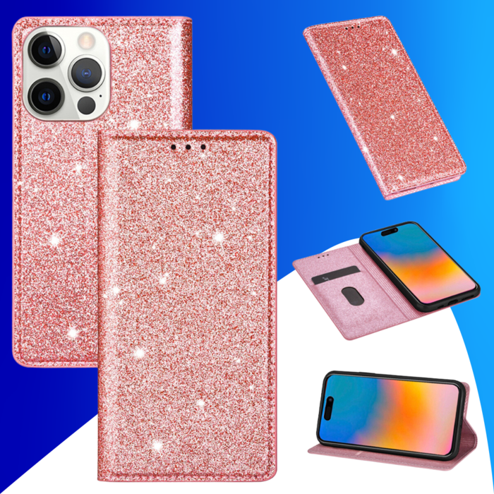 JVS Products iPhone 16 Pro Max hoesje - Bookcase - Pasjeshouder - Portemonnee - Glitter - TPU - Rose Goud