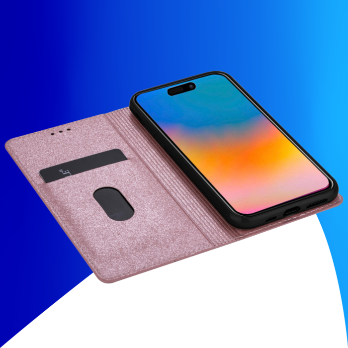 JVS Products iPhone 16 Plus hoesje - Bookcase - Pasjeshouder - Portemonnee - Glitter - TPU - Rose Goud